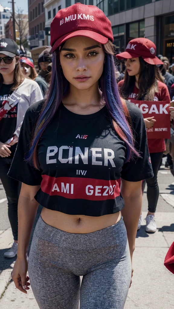 ((masterpiece)), ((best quality)), ((highres)), ((detailed background)), ((extremely detailed CG unity 8k wallpaper)), Create a 4K realistic image of A group of women wearing MAGA hats. They are at a protest, dressed in casual clothing, with some wearing glasses and others holding protest signs. The background shows other protesters and a lively environment, but the focus is on the women who look distressed and uncomfortable wearing the hats. The scene captures a mix of emotions with the women looking unhappy about wearing the MAGA hats
liberal, libtard, rainbow hair, liberal, democrat
Maga hat, trump 2024
Fully dressed, raging liberals, crying, libtards, dressed in leggings and tshirts, protesting
Red hat, HAT SAYS MAGA, MAGA HAT, red hat, they all wear red hats, red hats say MAGA