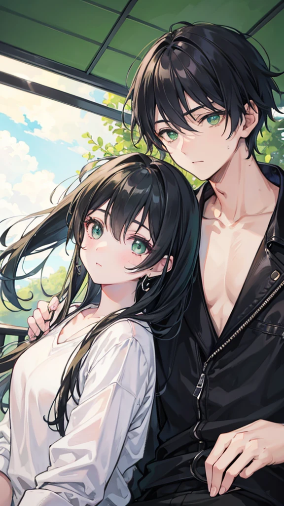 a boy and a girl They both have black hair and green eyes