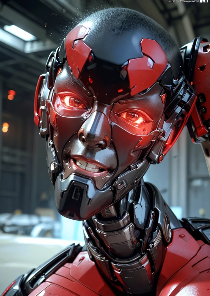 Sober middle-aged woman、Textured skin, Glasses、Very detailed, Attention to detail, high quality, 最high quality, High resolution, 1080P, hard disk, beautiful,(Gundam),Glowing red cyborg woman,Red Mecha Cyborg Girl Red and Black Only,Battle Mode,Girl with a mechanical body,she is wearing futuristic mecha,Full Body Shot、cute、Sweaty face、Painful expression、Appearance damage、、humidity、My face is soaked、composition　burning、Water leaking from the crotch、Lying in bed　field