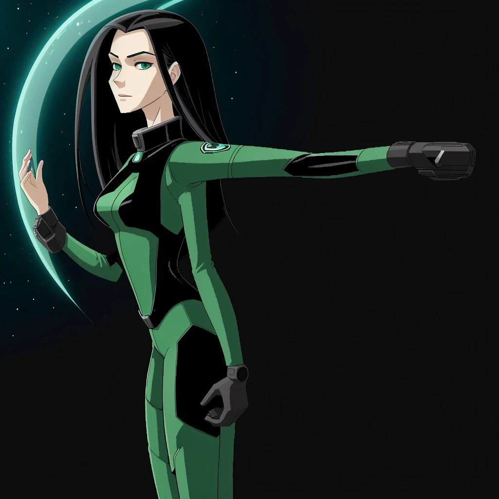 cartoon thin woman, long neck, long black hair, pale green skin, wearing a sci-fi diving suit. she is armed with an arm cannon, on her suit by her waist are some small gray circles 