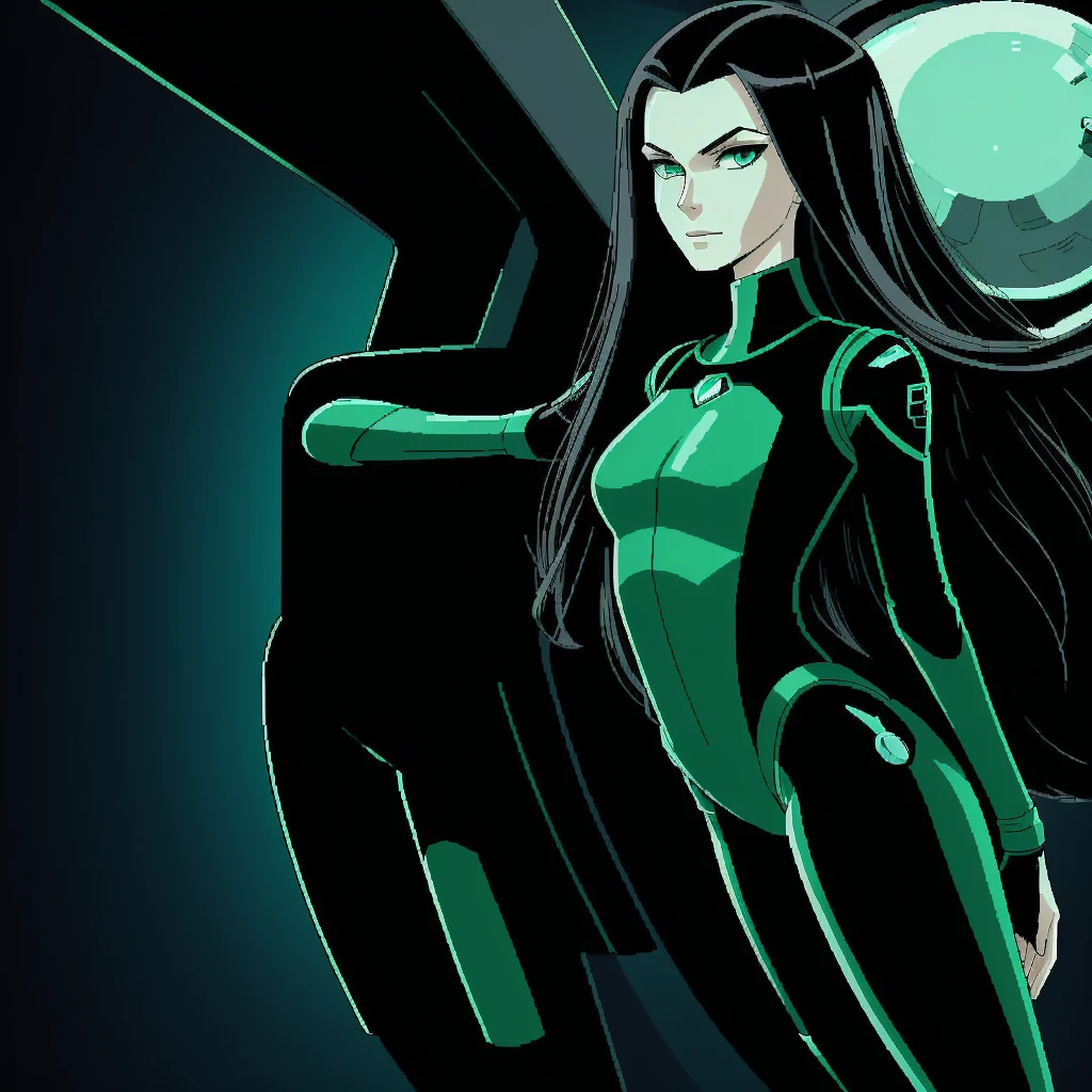 cartoon thin woman, long neck, long black hair, pale green skin, wearing a sci-fi diving suit. she is armed with an arm cannon, on her suit by her waist are some small gray circles 