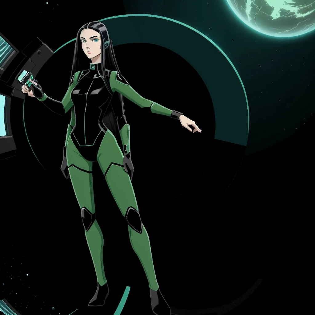 cartoon thin woman, long neck, long black hair, pale green skin, wearing a sci-fi diving suit. she is armed with an arm cannon, on her suit by her waist are some small gray circles 