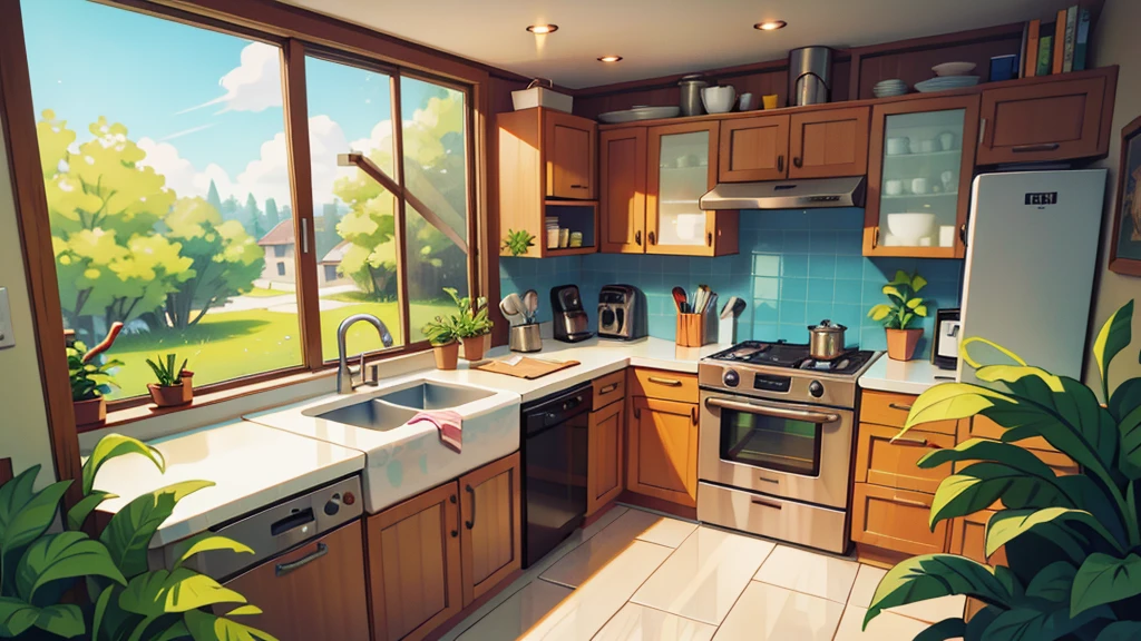 There is a kitchen, bright sunny, some plants