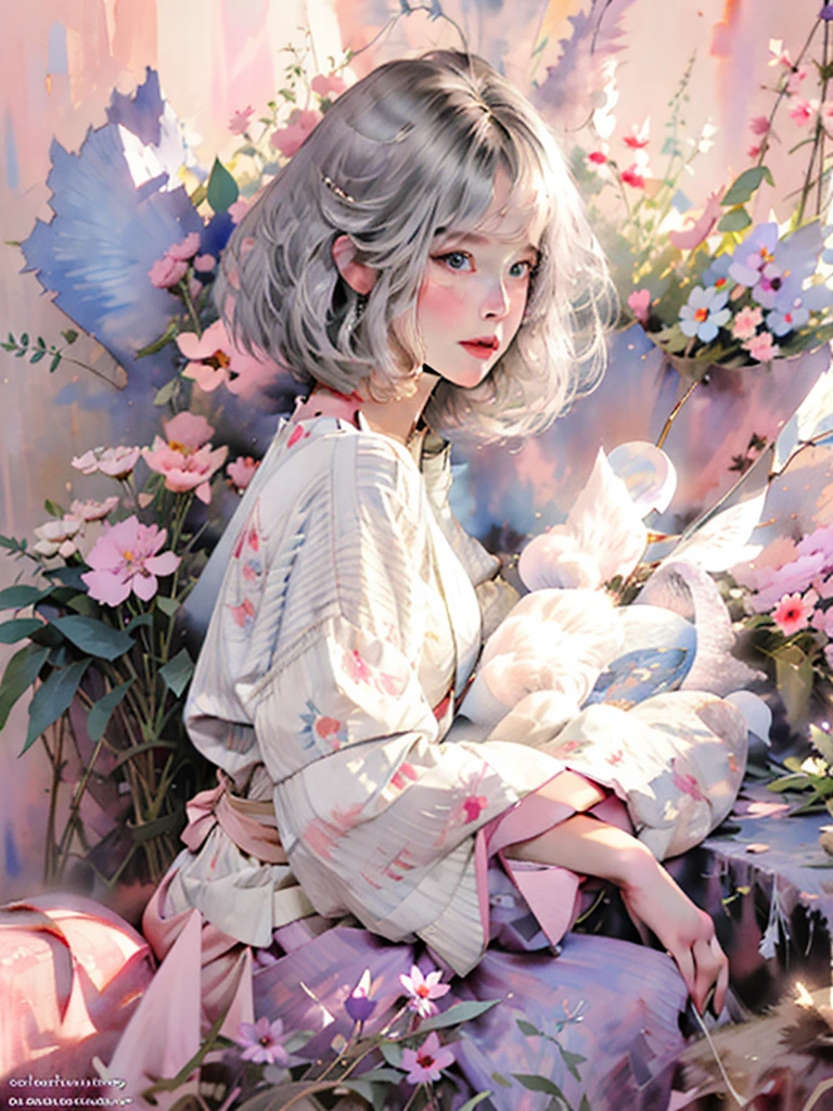 ((masterpiece)), ((best quality)), (ultra-detailed), ((extremely detailed)), 4K, (8K), best quality, a beautiful woman, ((beautiful light gray hair)), shiny hair, ((fluffy bob cut)), light blue eyes, freckled skin, flushed cheeks, 20 years old,
1girl,flower, Lisianthus ,in the style of light pink and light azure, dreamy and romantic compositions, pale pink, ethereal foliage, playful arrangements,fantasy, high contrast, ink strokes, explosions, over exposure, purple and red tone impression , abstract, ((watercolor painting by John Berkey and Jeremy Mann )) brush strokes, negative space,