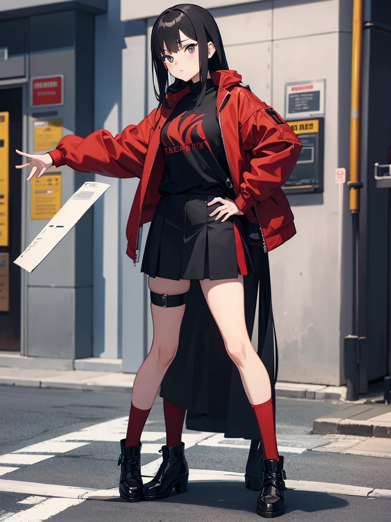 Anime girl, waiting hand, full body, street, embarrased face, Teenagers, black t-shit, red jacket, open jacket, black stocking, black short skirt,