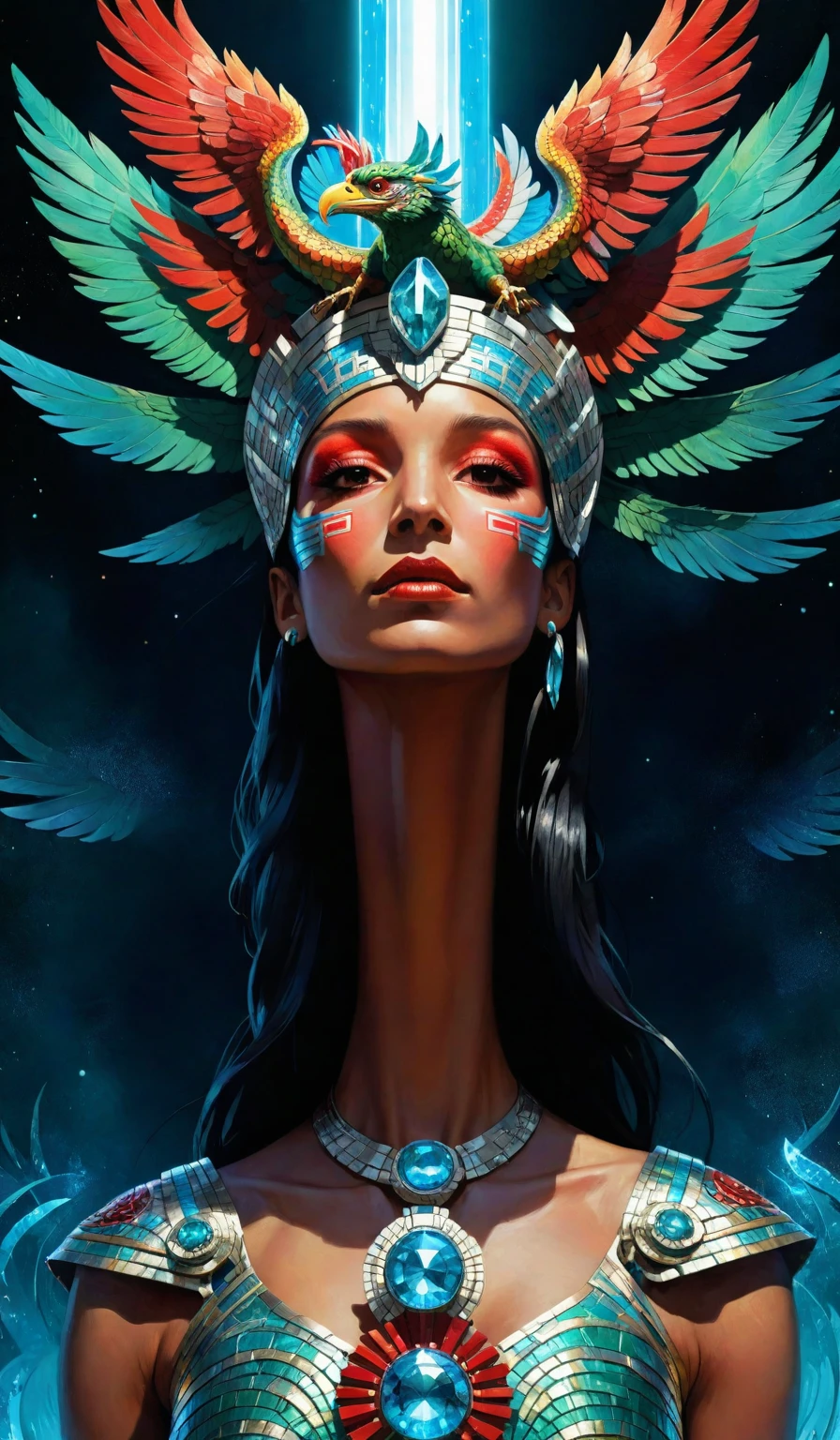 a portrait of a mayan quetzalcoatl goddess with a lazer shining into the top of her head, pieces expanding from impact aquamarine and red, by android jones, by ben ridgeway, by ross draws, by Noah Bradley, by Maciej Kuciara + illustrative + visionary art + low angle + oil + Visionary art, DMT, psychedelic, The god particle, utopia profile, artgerm, featured in artstation, elegant, Moebius, Greg rutkowski