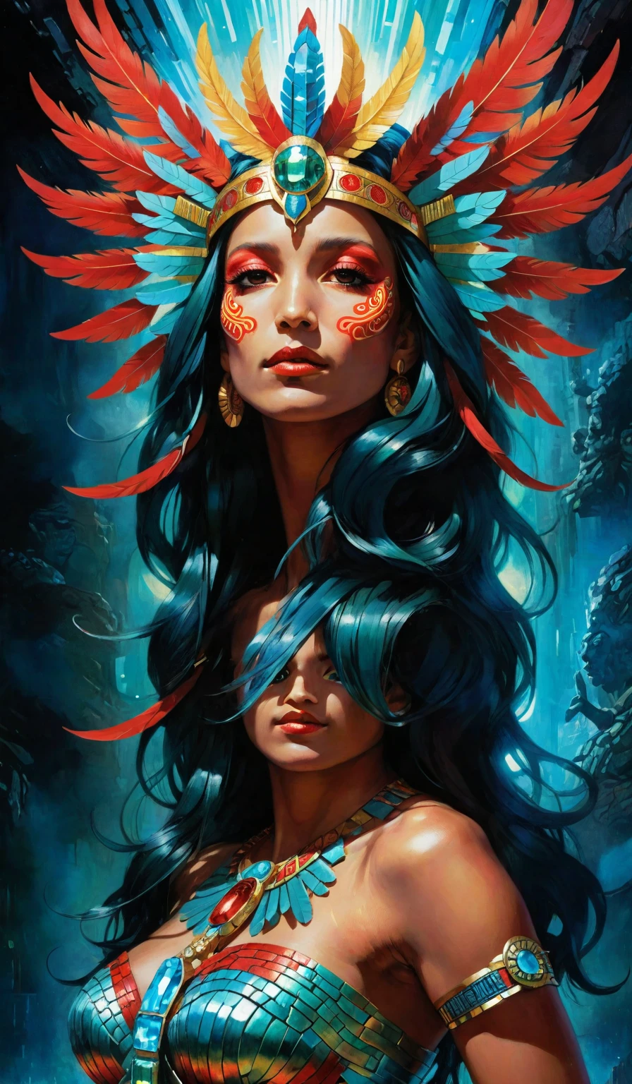 a portrait of a mayan quetzalcoatl goddess with a lazer shining into the top of her head, pieces expanding from impact aquamarine and red, by android jones, by ben ridgeway, by ross draws, by Noah Bradley, by Maciej Kuciara + illustrative + visionary art + low angle + oil + Visionary art, DMT, psychedelic, The god particle, utopia profile, artgerm, featured in artstation, elegant, Moebius, Greg rutkowski