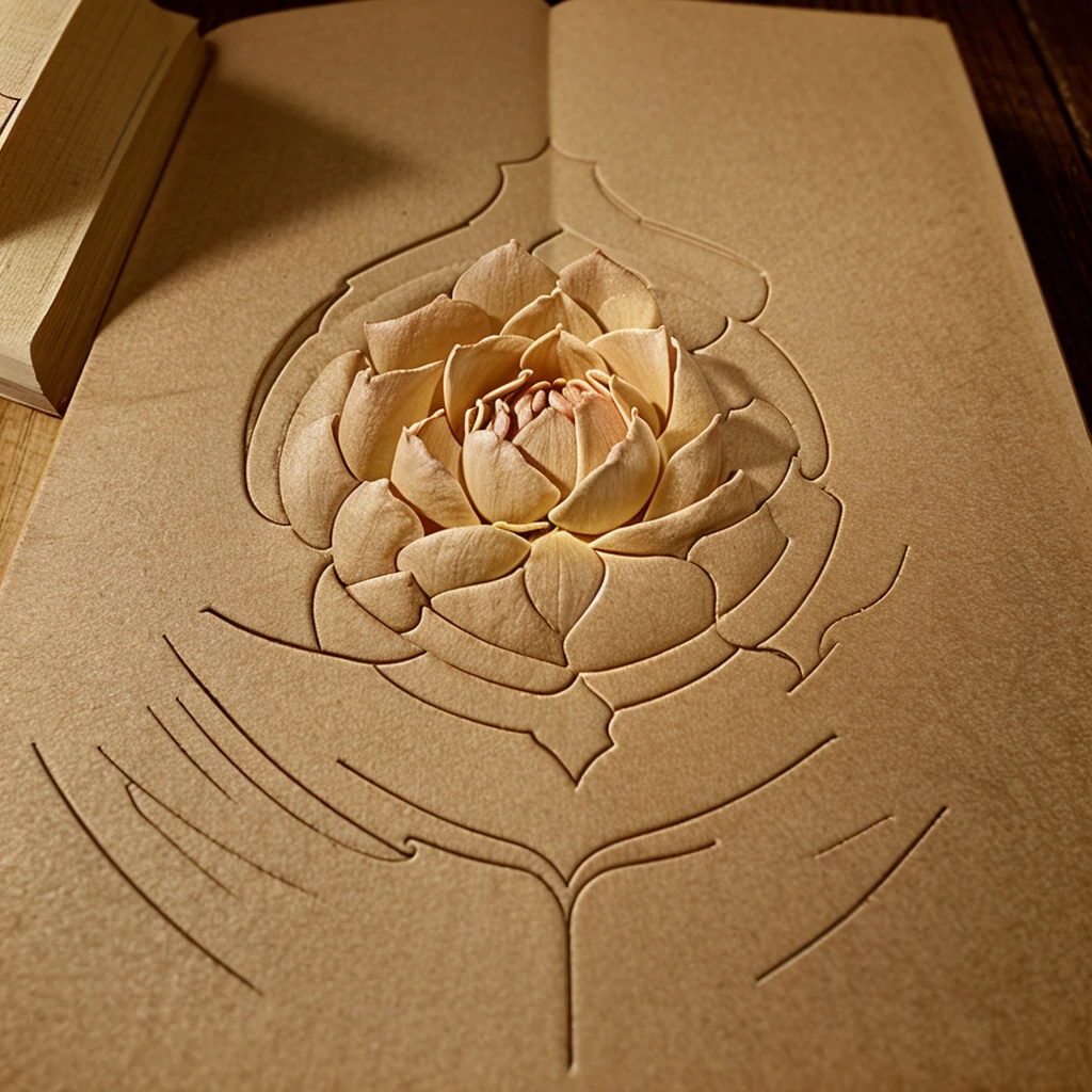 Generate a logo of a lotus flower at the bottom of a book