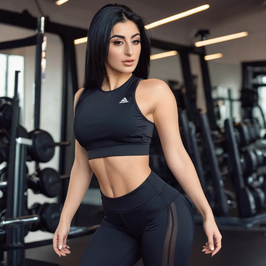 1 girl, a 24 year old Armenian woman, wearing seductive gym clothes, thin, small bust, black hair, emphasis on booty, showing off her glutes