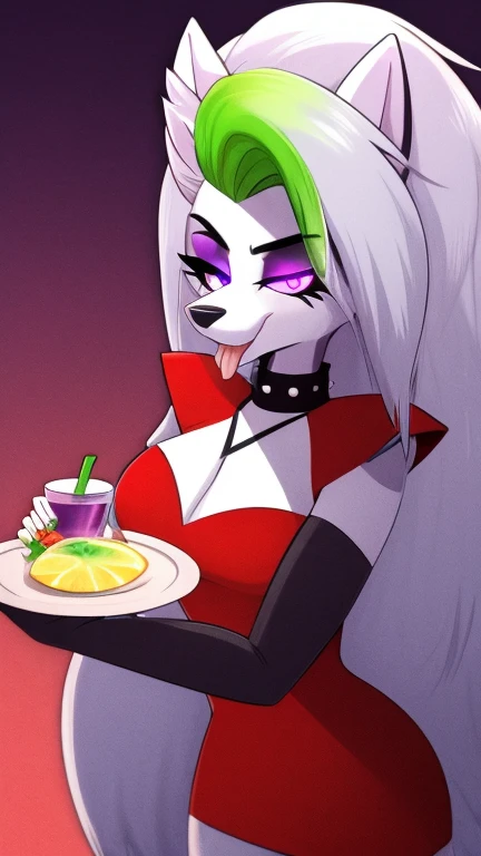 best quality, (roxanne fused with loona:1.1), solo, furry female, body fur, makeup, sexy clothes, hypnotized with completely spyral glowing purple eyes with no irises or pupils, tongue out, carrying a tray with limonade, full body image