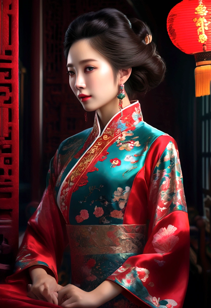 a woman wearing an ornate cheongsam dress, detailed facial features, beautiful eyes, expressive lips, long eyelashes,beautiful skin,elegant hairstyle,feudal china setting,merchant family manor,greeting imperial emissaries,dramatic lighting,rich color palette,cinematic composition,intricate architectural details,opulent decor,stunning visual impact,(best quality,8k,highres,masterpiece:1.2),ultra-detailed,(realistic,photorealistic,photo-realistic:1.37),cinematic,dramatic,intricate,ornate,elegant,atmospheric,moody,rich colors