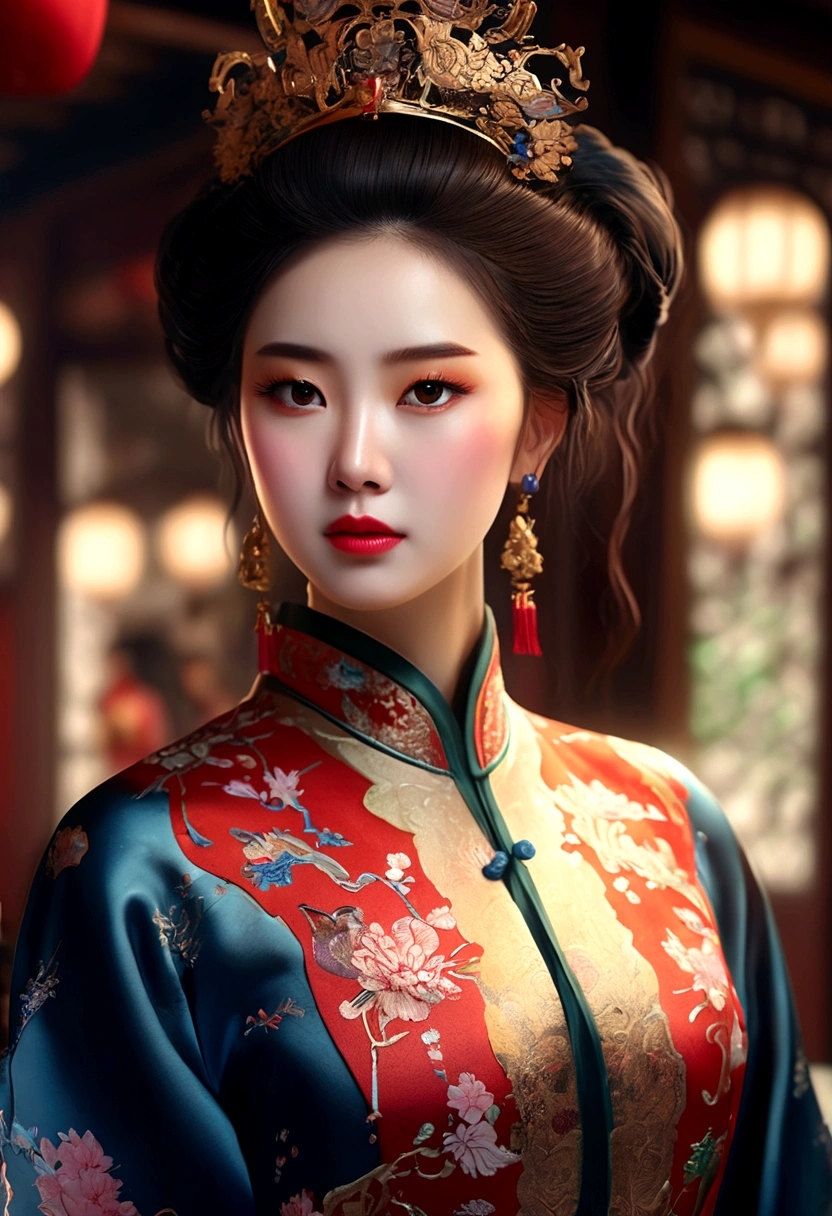 a woman wearing an ornate cheongsam dress, detailed facial features, beautiful eyes, expressive lips, long eyelashes,beautiful skin,elegant hairstyle,feudal china setting,merchant family manor,greeting imperial emissaries,dramatic lighting,rich color palette,cinematic composition,intricate architectural details,opulent decor,stunning visual impact,(best quality,8k,highres,masterpiece:1.2),ultra-detailed,(realistic,photorealistic,photo-realistic:1.37),cinematic,dramatic,intricate,ornate,elegant,atmospheric,moody,rich colors