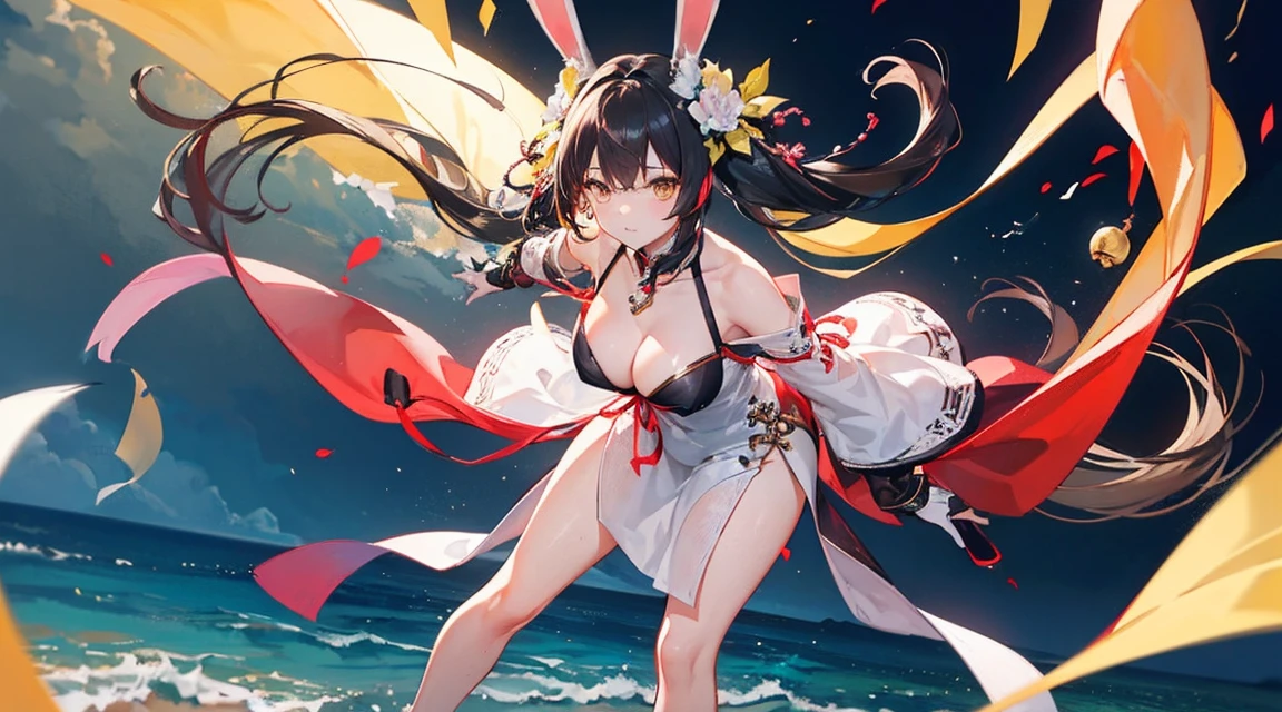(((best quality))), ((ultra-detailed)), ((an extremely delicate and beautiful)), ((16k)), realistic, hd, cgi, gleaming hair, gleaming skin, gleaming dress, Character focus, solo, demanding pose, strong light coming in, sharp focus, illustration, game cg, anime, solo, curvy, (big breasts:1.3), forehead, ( white bright yellow lining Chinese Lace Up Cheongsam Open Chest Bodycon Dress High Slit Qipao mini), faste collarbone, (belly:0.9), standing, leaning forward, looking at the viewer, ocean, flower hair ornament, accessories, backlighting, shiny skin, shiny body, chibi, gloves, necklace, jewellery, black-brown hair, bead necklace, red faded into black colored hair, brown eyes, long hair, black bunny ears, yellow ombre hair, yellow-black hair, more yellow hair streaks, smaller dress, bare feet stretching at viewer, toes out at viewer, stepping on viewer, mommy goddess, hands towards viewer