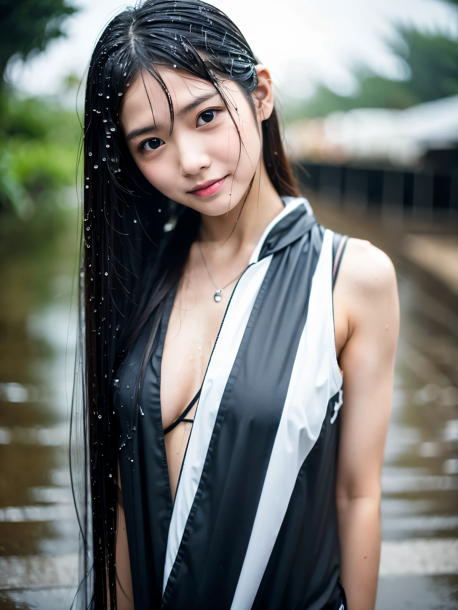 songkran,Wet roads , soaked through,drenched, Dripping, Wet Face,Wet clothes, Wet Skin, Wet Hair,A young woman with a cute face like an idol,chest,chest元が見えるデザインのメイド服,cling,RAW Photos,Genuine,Genuine,High resolution,RAW Photos,masterpiece, Genuineistic, beautiful