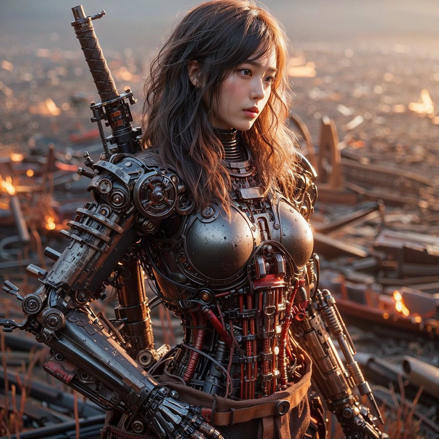 Steampunk,Ultra Realistic,Ultra High Resolution,8k,Realistic Photo,(Angel Type Mechanical Suit:1.2),Mechanical Wings,Heavy Weapons,Raw Textures,Legs,Japanese Female Soldier,(Beautiful Face),((Ultra Realistic All Textures)),((Ultra Elaborate to the Last Detail)),Magnific AI for RealisticDetail up,Weathering,Full body shot,Super sharp results,Hydraulic cylinder,Shot with Fujifilm X-T30+Nokton. HDR10, minimum 4 images created.