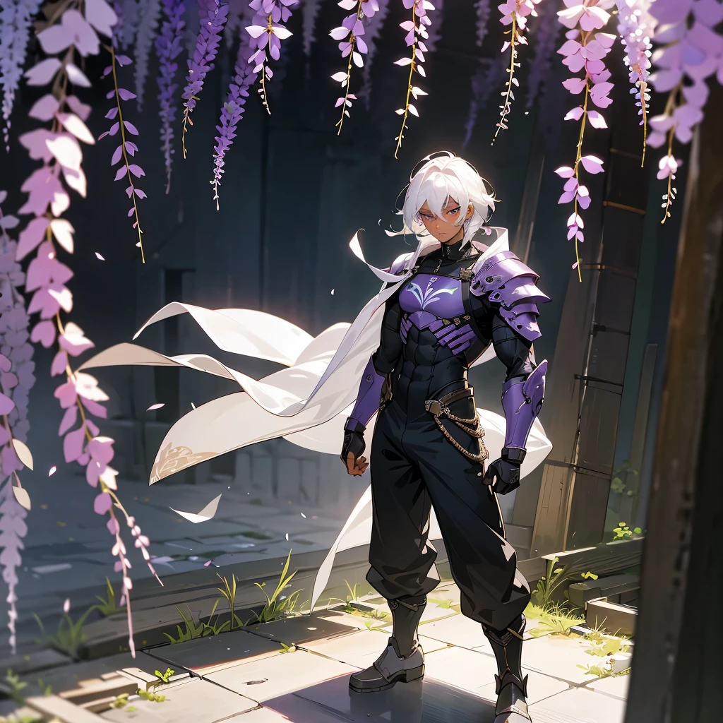 1male, adult, dark skin, finely detailed plum eyes, wild medium hair, seashell white hair color, full body combat suit, shoulder armor pieces, combat boots, baggy miltarty combat pants, standing on ruined building, day time, tokyo streets, somber expression, muscular, tattoos, wisteria flowers, scars