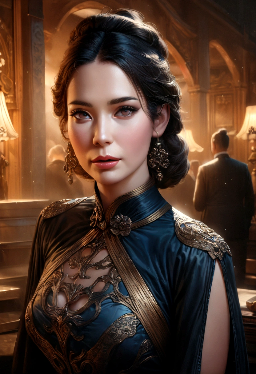 a woman wearing an ornate cheongsam dress, detailed facial features, beautiful eyes, expressive lips, long eyelashes,beautiful skin,elegant hairstyle,feudal china setting,merchant family manor,greeting imperial emissaries,dramatic lighting,rich color palette,cinematic composition,intricate architectural details,opulent decor,stunning visual impact,(best quality,8k,highres,masterpiece:1.2),ultra-detailed,(realistic,photorealistic,photo-realistic:1.37),cinematic,dramatic,intricate,ornate,elegant,atmospheric,moody,rich colors