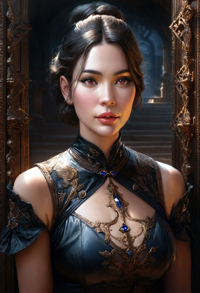 a woman wearing an ornate cheongsam dress, detailed facial features, beautiful eyes, expressive lips, long eyelashes,beautiful skin,elegant hairstyle,feudal china setting,merchant family manor,greeting imperial emissaries,dramatic lighting,rich color palette,cinematic composition,intricate architectural details,opulent decor,stunning visual impact,(best quality,8k,highres,masterpiece:1.2),ultra-detailed,(realistic,photorealistic,photo-realistic:1.37),cinematic,dramatic,intricate,ornate,elegant,atmospheric,moody,rich colors
