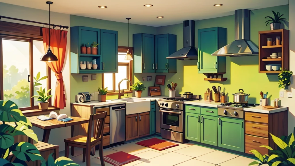 There is a kitchen, bright sunny, some plants
