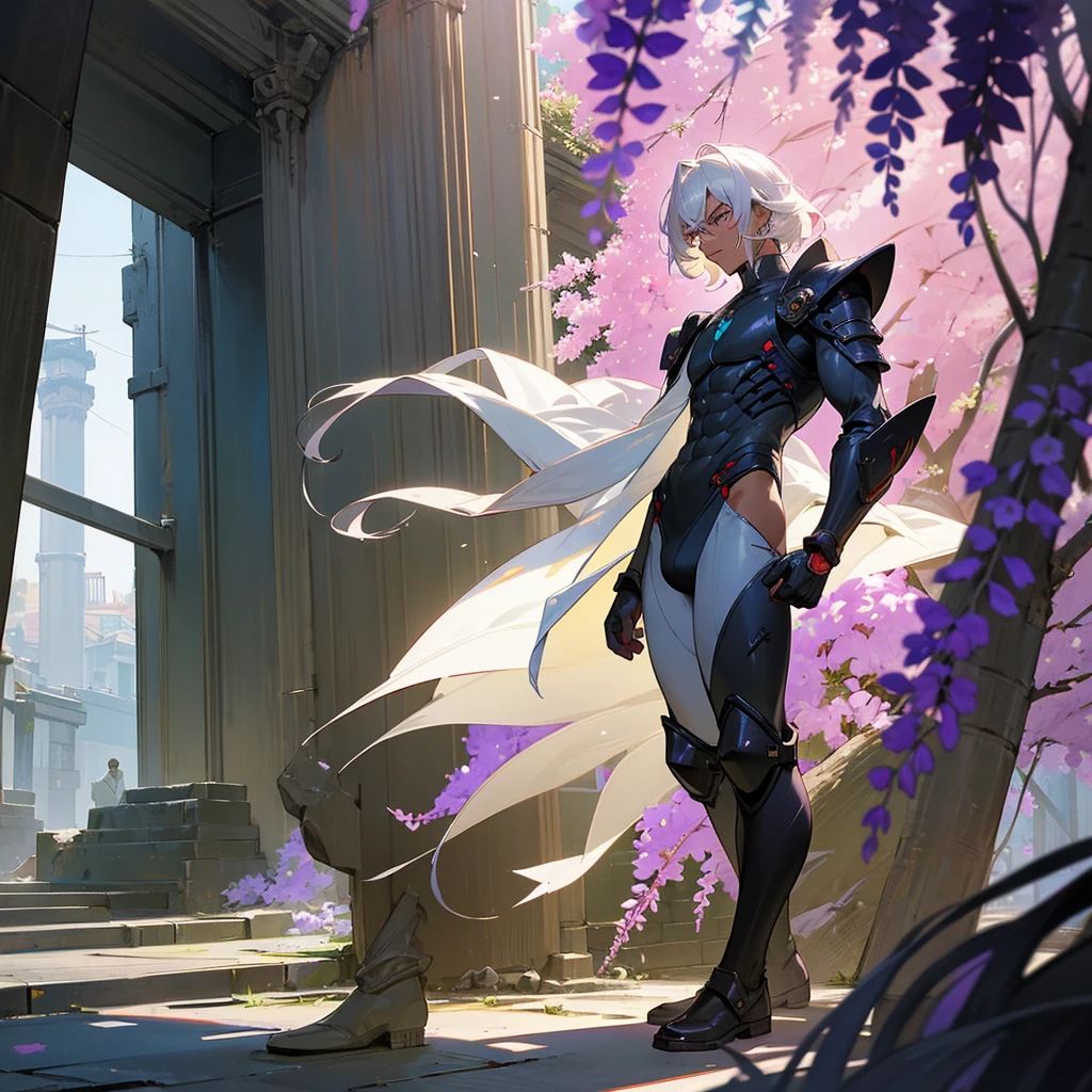 1male, young adult, dark skin, finely detailed plum eyes, wild medium hair, seashell white hair color, full body combat suit, shoulder armor pieces, combat boots, baggy miltarty combat pants, standing on ruined building, day time, tokyo streets, somber expression, muscular, tattoos, wisteria flowers, scars
