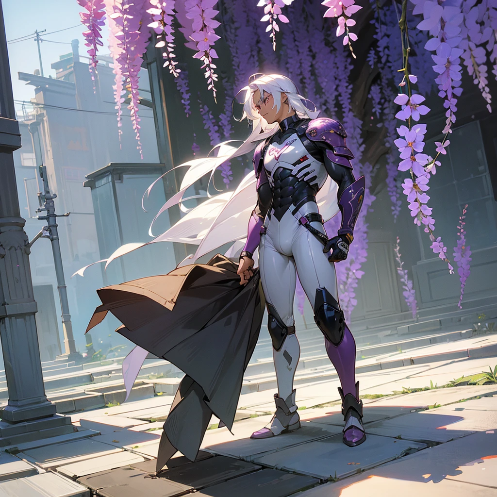 1male, young adult, dark skin, finely detailed plum eyes, wild medium hair, seashell white hair color, full body combat suit, shoulder armor pieces, combat boots, baggy miltarty combat pants, standing on ruined building, day time, tokyo streets, somber expression, muscular, tattoos, wisteria flowers, scars