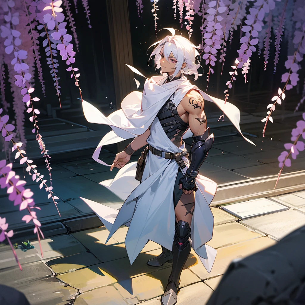 1male, young adult, dark skin, finely detailed plum eyes, wild medium hair, seashell white hair color, full body combat suit, shoulder armor pieces, combat boots, baggy miltarty combat pants, standing on ruined building, day time, tokyo streets, somber expression, muscular, tattoos, wisteria flowers, scars