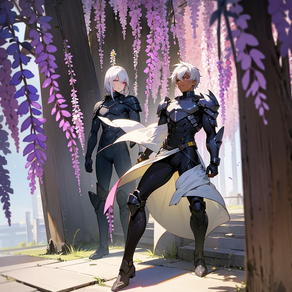 1male, young adult, dark skin, finely detailed plum eyes, wild medium hair, seashell white hair color, full body combat suit, shoulder armor pieces, combat boots, baggy miltarty combat pants, standing on ruined building, day time, tokyo streets, somber expression, muscular, tattoos, wisteria flowers, scars