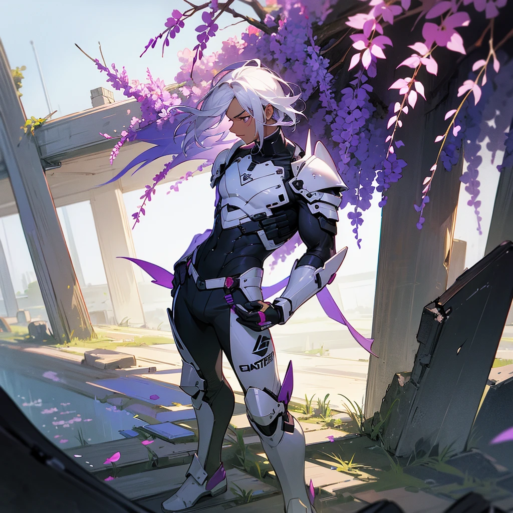 1male,  adult, dark skin, finely detailed plum eyes, wild medium hair, seashell white hair color, full body combat suit, shoulder armor pieces, combat boots, baggy miltarty combat pants, standing on ruined building, day time, tokyo streets, somber expression, muscular, tattoos, wisteria flowers, scars