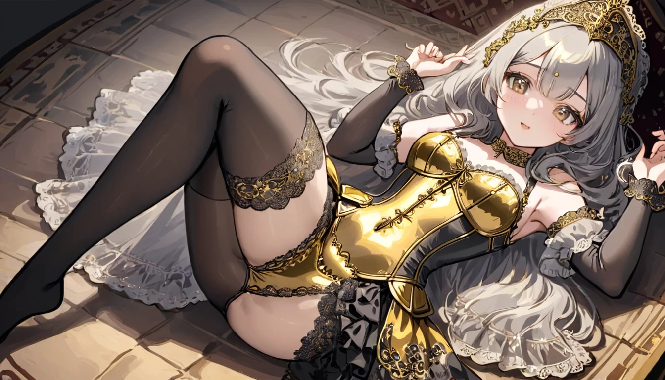 Medieval１People Girls、 Gold and silver embroidery、In underwear、Knee-length semi-transparent bloomers（With gold and silver lace）Wearing、Wearing a semi-transparent corset、 Grey translucent tights、Lying down