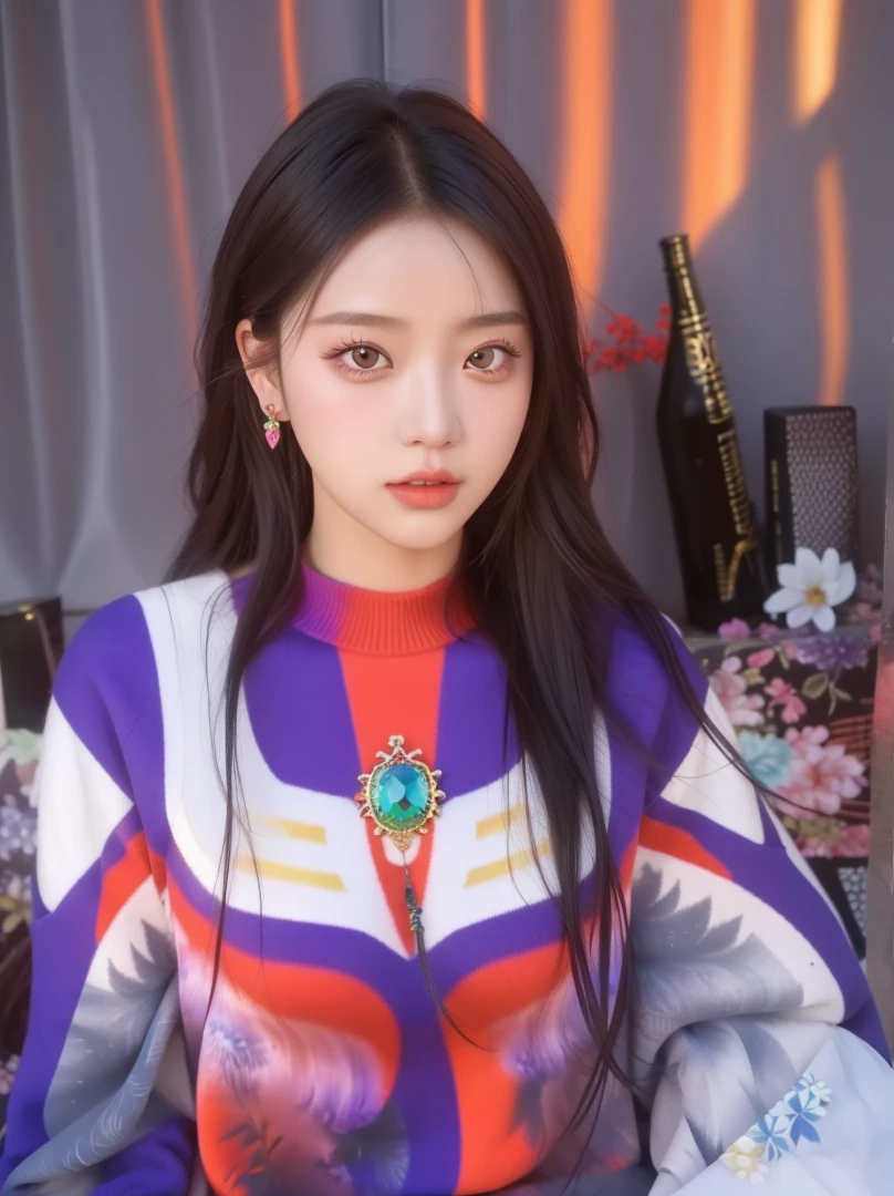 1girl,(detailed background, hyperrealism, highly detailed background), colorful hair,arrings, parted lips, realistic, female focus, masterpiece,high resolution,1girl,ultra-detailed,extreme detailed, gradient, detailed eyes, Young girl, (wide hips), thighhighs,sweater, jewelry, eyeshadow,earrings,puffy cloth, (highest detailed hair) ,full body, stunning colors, bold colors,hard light, zixia, heiguafu, depth of field,big breasts,NSFW