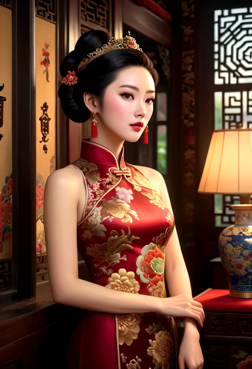 a woman wearing an ornate cheongsam dress, detailed facial features, beautiful eyes, expressive lips, long eyelashes,beautiful skin,elegant hairstyle,feudal china setting,merchant family manor,greeting imperial emissaries,dramatic lighting,rich color palette,cinematic composition,intricate architectural details,opulent decor,stunning visual impact,(best quality,8k,highres,masterpiece:1.2),ultra-detailed,(realistic,photorealistic,photo-realistic:1.37),cinematic,dramatic,intricate,ornate,elegant,atmospheric,moody,rich colors
