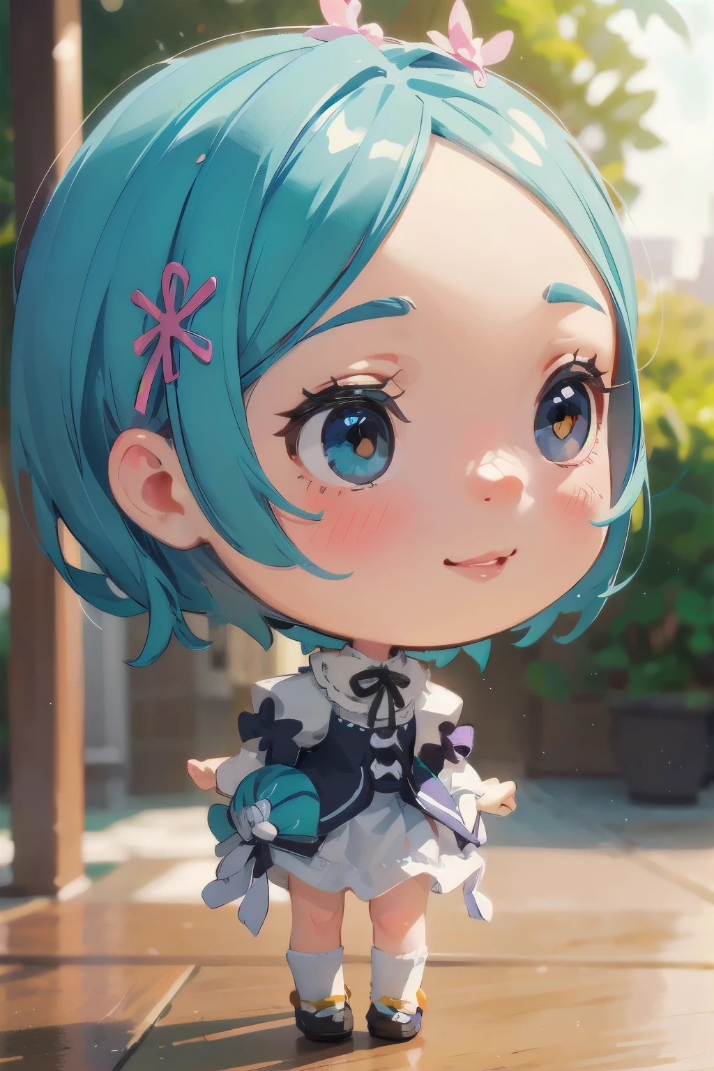 beautiful detailed eyes, beautiful detailed lips, extremely detailed eyes and face, long eyelashes, 1girl, chibi, kawaii, cute, , photo-realistic, hyperrealistic, street fashion, cosplay, rem from re:zero, full body, smiling, fantasy, fantasy art, digital painting, cinematic lighting, dramatic lighting, vibrant colors, highly detailed, sharp focus, volumetric lighting, photorealistic, 8k, best quality, masterpiece