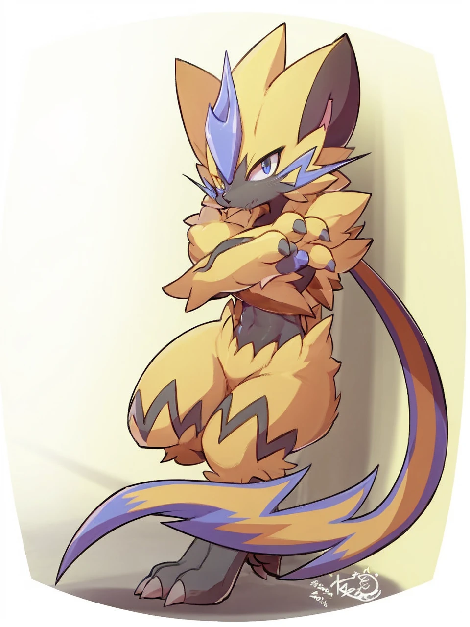 Zeraora is a bipedal, feline Pokémon with primarily yellow and black fur. The fur is thinner and black on its lower legs, lower body, upper arms, and face, and is thicker and yellow everywhere else. There is also a zigzagging black stripe on each high and two more stripes on each form. There are small tufts of light blue fur on its chest and a longer tuft on its forehead. Zeraora also has a single, Lightning Bolt-shaped Blue Whisker on Each Cheek. A long, ponytail-like or tail-like bunch of fur extends from between its shoulders. Zeraora has large ears with black insides and blue eyes. Its forepaws have four clawed fingers and light blue pads, while its hindpaws have only three clawed toes. With his penis in the air. 