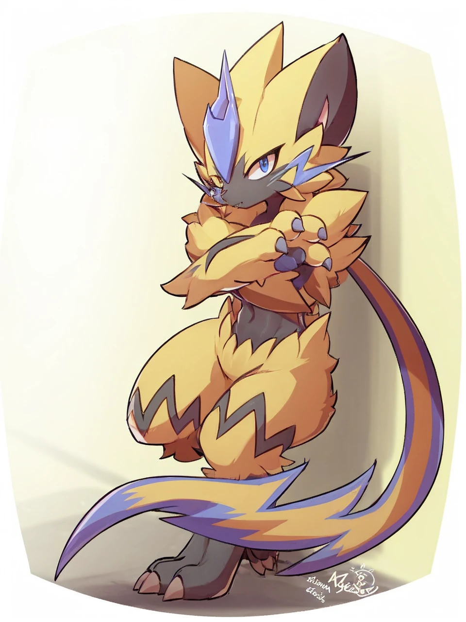 Zeraora is a bipedal, feline Pokémon with primarily yellow and black fur. The fur is thinner and black on its lower legs, lower body, upper arms, and face, and is thicker and yellow everywhere else. There is also a zigzagging black stripe on each high and two more stripes on each form. There are small tufts of light blue fur on its chest and a longer tuft on its forehead. Zeraora also has a single, Lightning Bolt-shaped Blue Whisker on Each Cheek. A long, ponytail-like or tail-like bunch of fur extends from between its shoulders. Zeraora has large ears with black insides and blue eyes. Its forepaws have four clawed fingers and light blue pads, while its hindpaws have only three clawed toes. With his penis in the air.