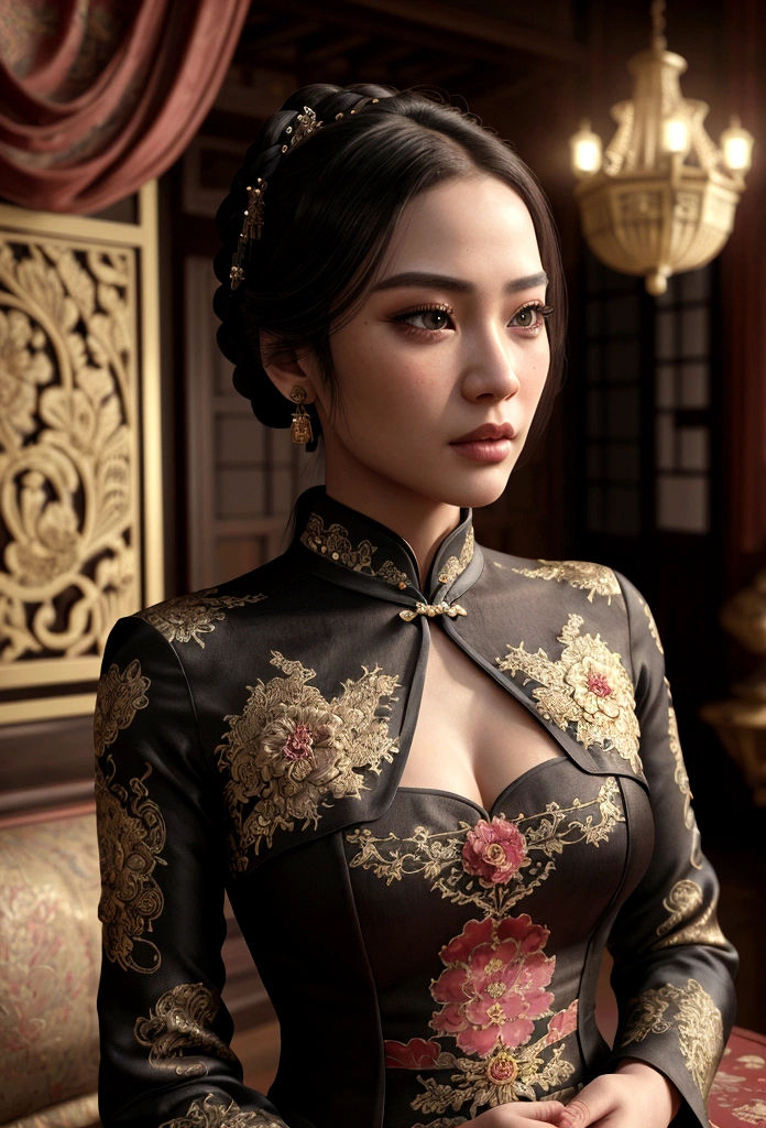 a woman wearing an ornate cheongsam dress, detailed facial features, beautiful eyes, expressive lips, long eyelashes,beautiful skin,elegant hairstyle,feudal china setting,merchant family manor,greeting imperial emissaries,dramatic lighting,rich color palette,cinematic composition,intricate architectural details,opulent decor,stunning visual impact,(best quality,8k,highres,masterpiece:1.2),ultra-detailed,(realistic,photorealistic,photo-realistic:1.37),cinematic,dramatic,intricate,ornate,elegant,atmospheric,moody,rich colors

