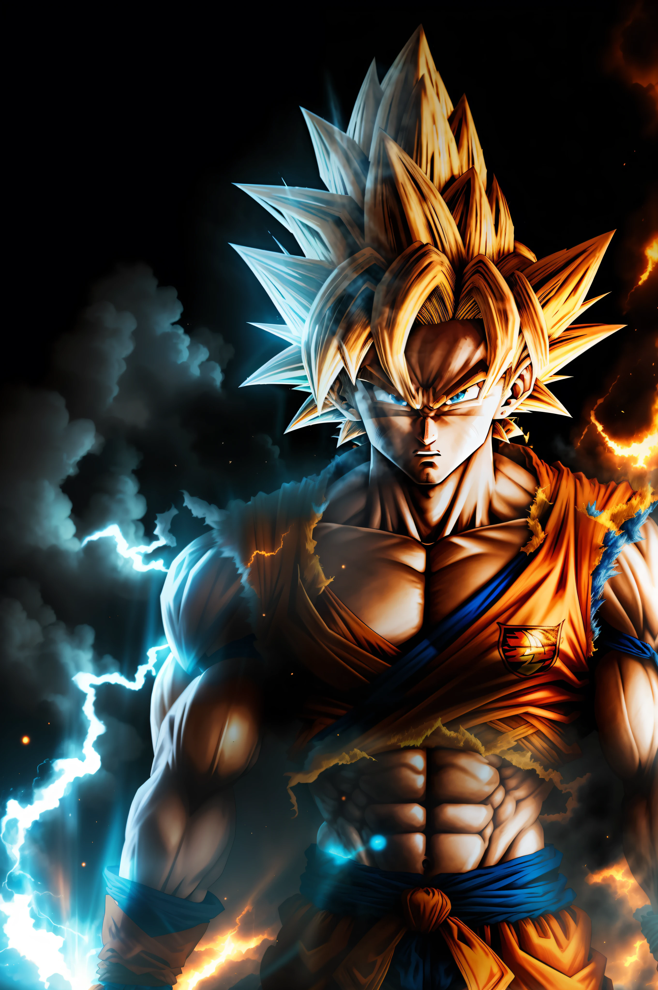work of art, best qualityer, Goku, super saiyan, hair light blue