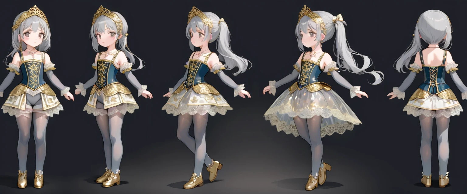 8  medieval girl、 Gold and silver embroidery, underwear姿、Translucent bloomers with knee-length lace（underwear）Wearing、Wearing a semi-transparent corset、Grey translucent tights