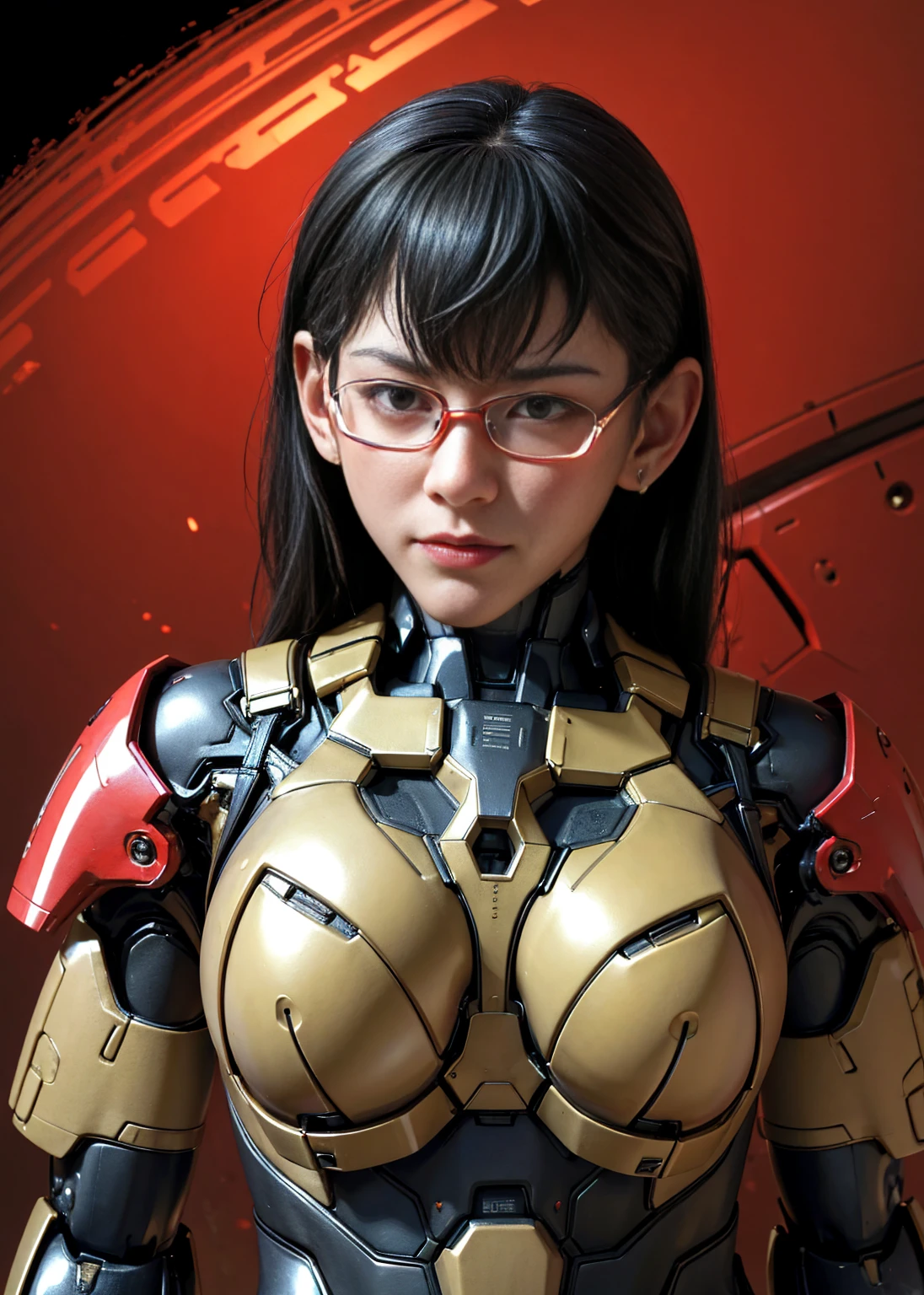 Sober middle-aged woman、Textured skin, Glasses、Very detailed, Attention to detail, high quality, 最high quality, High resolution, 1080P, hard disk, beautiful,(Gundam),Glowing red cyborg woman,Red Mecha Cyborg Girl Red and Black Only,Battle Mode,Girl with a mechanical body,she is wearing futuristic mecha,Full Body Shot、cute、Sweaty face、Painful expression、Appearance damage、、humidity、My face is soaked、composition burning、Water leaking from the crotch、Lying in bed field