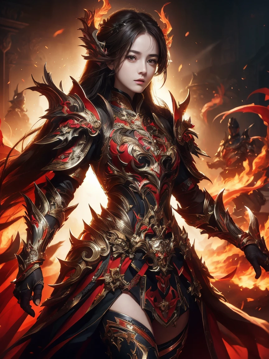 ((Low angle view)), ((Detailed background)), ((Battlefield, group of armies)), (masterpiece, top quality, best quality, official art, beautiful and aesthetic:1.2), (1girl),craft a Hyper-realistic portrayal of a futuristic (1girl1.2), (Dilireba), beautiful character donned in intricate armor surrounded by captivating flames, an epic long (sword:1.2), Dynamic pose, Random pose, Dynamic angle, battle stance, Meticulous details capture the intense fusion of tradition and innovation in this visually stunning composition. Trending on Artstation. Perfect lighting,,