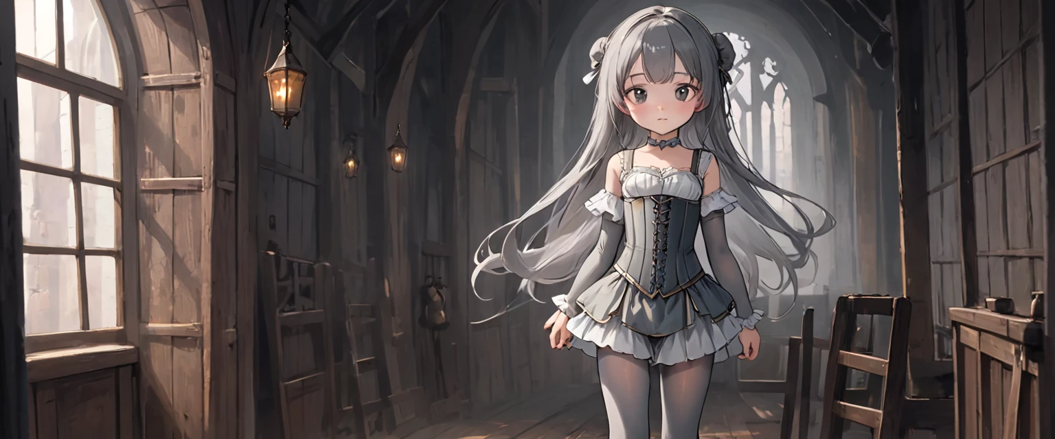 8 year old medieval girl, underwear姿、Translucent knee-length drawers(underwear)Wearing、Wearing a semi-transparent corset、Translucent slip, Grey translucent tights