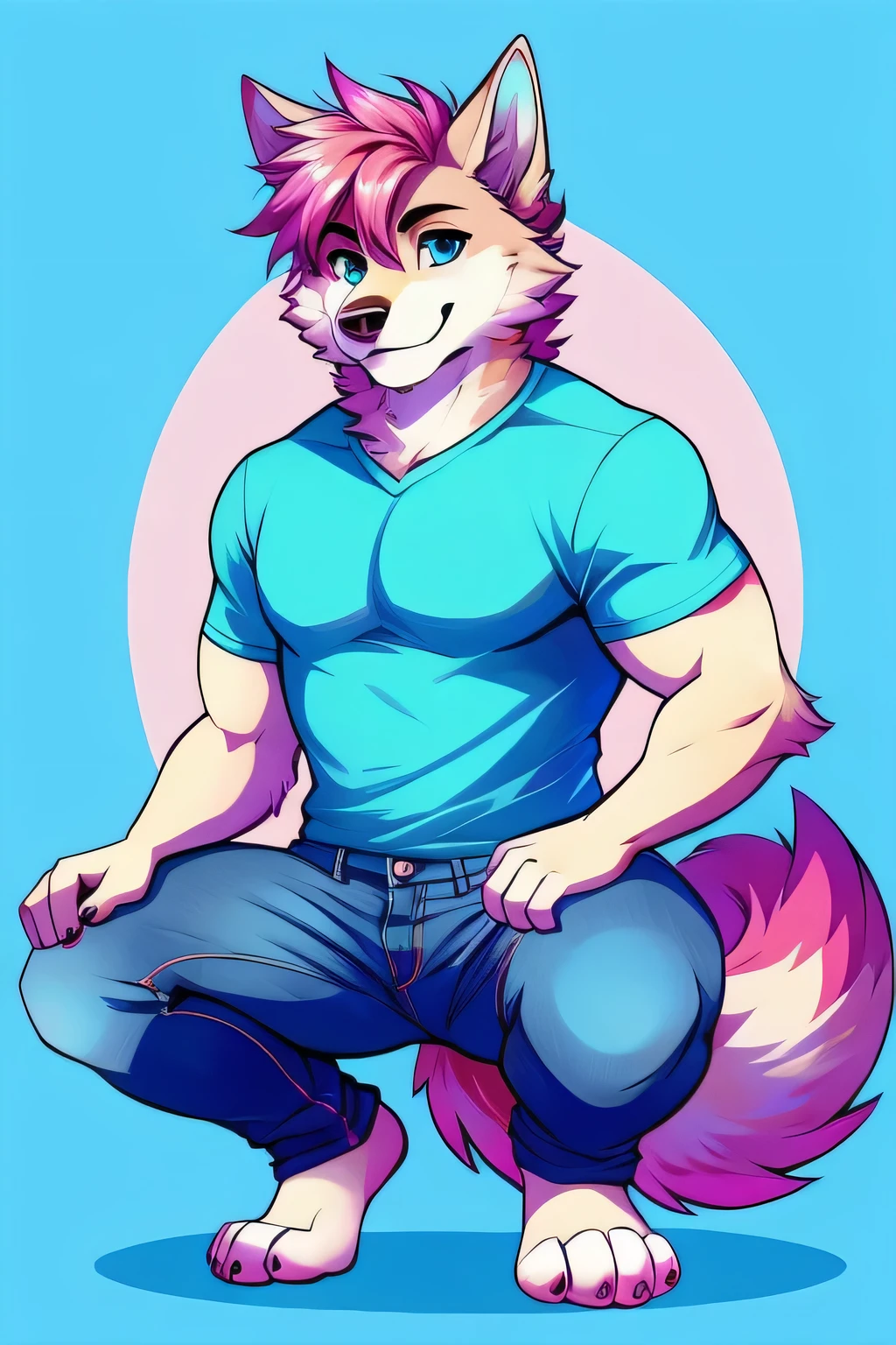 Male wolf furry squat pose legs open look front blue pink background blue eyes blue pink background jeans and blue shirts fluffy tail