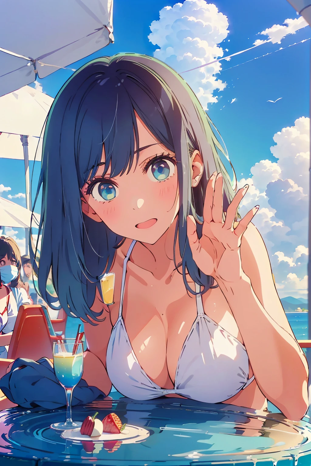 (Highest quality:1.4、8K:1.4、detailed)、F cup bust、Big Breasts、Slim body、Very white beautiful skin、((((1 person、Surprised expression、sit、Chair、In the background are the urban buildings of Tokyo、looking at the camera、Outdoor café terrace、coastal、Navy hair color、juice、White side string high leg bikini、Shooting up close、Shooting from an angle、table、Very cute face))))、(Waving:1.4)、Very blue sky、A completely cloudless sky