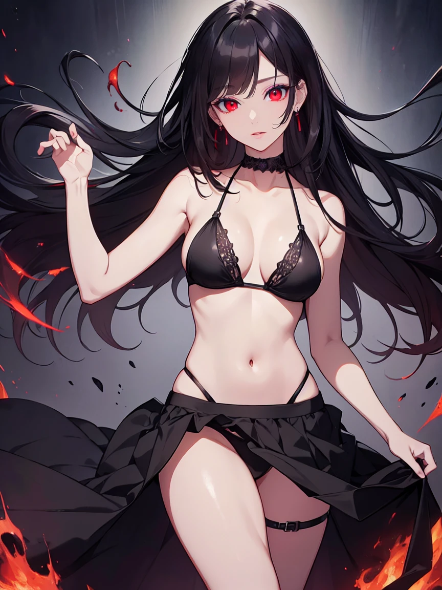 (Uhd, Masterpiece, Textured Skin, Super Detail, High Details, High Quality, Best Quality), ((black bikini with a black foral long skirt)), impressive pose, (red eyes), (black hair), Attractive make-up, High definition, work of art, precise, anatomical, scientifically correct, Textured skin, super detail, highly detailed, high quality, award-winning, maximum quality, high definition, 1080P, high definition, 4k, 8k, 16k