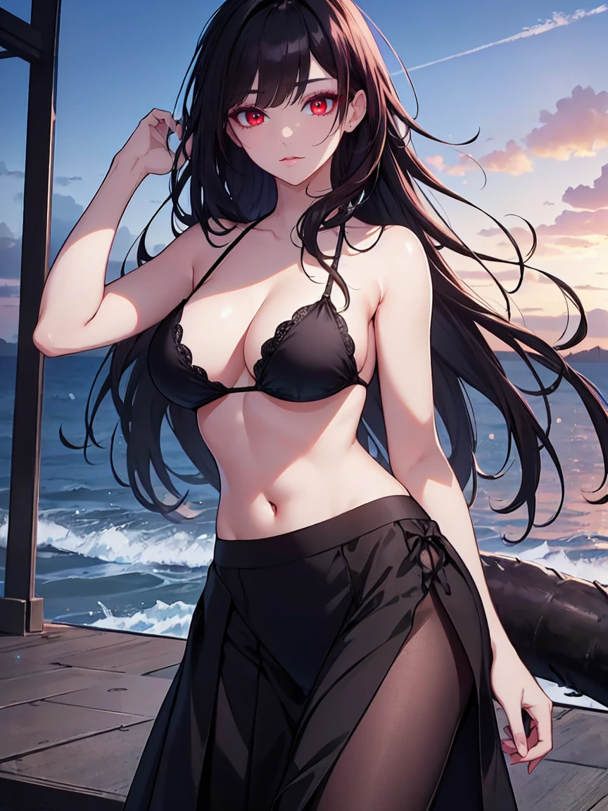 (Uhd, Masterpiece, Textured Skin, Super Detail, High Details, High Quality, Best Quality), ((black bikini with a black foral long skirt)), impressive pose, (red eyes), (black hair), Attractive make-up, High definition, work of art, precise, anatomical, scientifically correct, Textured skin, super detail, highly detailed, high quality, award-winning, maximum quality, high definition, 1080P, high definition, 4k, 8k, 16k