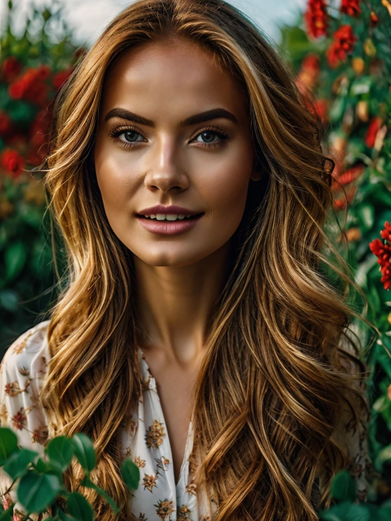Generate an extremely photorealistic image of a gorgeous professional female Instagram influencer model with long reddish-blonde hair, captivating eyes, sitting in a lush garden, surrounded by blooming flowers, wearing a flowy dress, and looking serene. The scene should feature lifelike textures and details, with the soft lighting of the afternoon sun illuminating her serene expression and the vibrant, blooming flowers. Keywords: 64K, photorealistic, UHD, hyper-detailed, HDR, professional photography, realistic rendering, lifelike, serene, blooming flowers.

Keywords: Photorealistic, Cinematic, full-body portrait, gorgeous professional female Instagram influencer model, long reddish-blonde hair, captivating eyes, meticulously rendered, textures, realistic lighting and shadows, cinematic composition, lifelike, immersive, beauty.