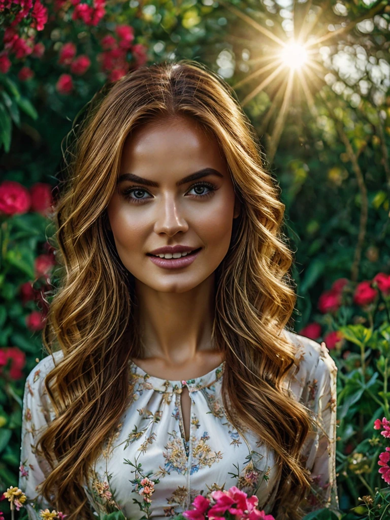 Generate an extremely photorealistic image of a gorgeous professional female Instagram influencer model with long reddish-blonde hair, captivating eyes, sitting in a lush garden, surrounded by blooming flowers, wearing a flowy dress, and looking serene. The scene should feature lifelike textures and details, with the soft lighting of the afternoon sun illuminating her serene expression and the vibrant, blooming flowers. Keywords: 64K, photorealistic, UHD, hyper-detailed, HDR, professional photography, realistic rendering, lifelike, serene, blooming flowers.

Keywords: Photorealistic, Cinematic, full-body portrait, gorgeous professional female Instagram influencer model, long reddish-blonde hair, captivating eyes, meticulously rendered, textures, realistic lighting and shadows, cinematic composition, lifelike, immersive, beauty.