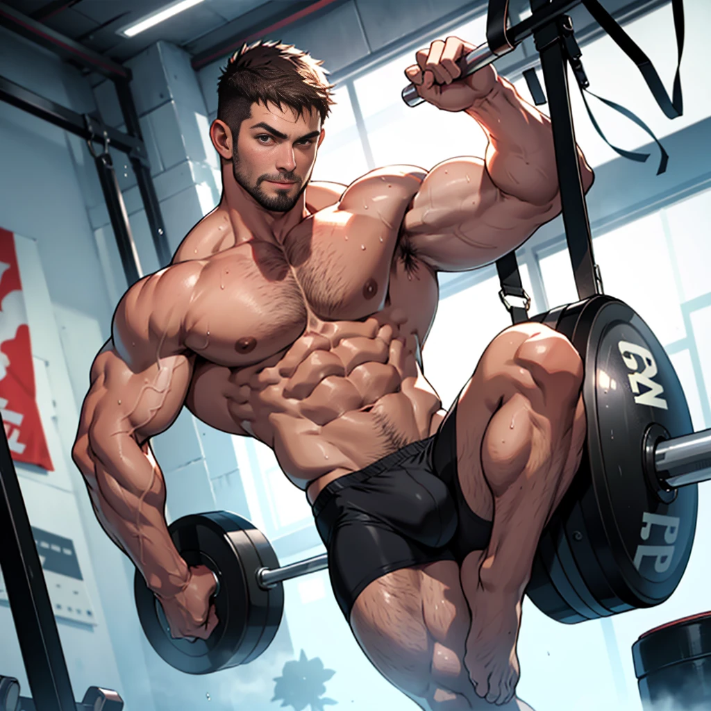 NSFW ,2D or 3DMM style, Masterpiece, realistic, best quality, art by Chunie (by Chunie:1), 20-year-old Chris Redfield TOTALLY NAKED showing cock, short spiky hair, big expressive eyes, mature man with bodybuilding physique, stubble, white, inch-defining abs, exaggerated muscle definition, huge muscles, muscle swelling visible, bodybuilding focused, pectoral muscles bulging, abs visible, on a giant drum in a gym setting, natural light illuminating his wet, glistening body,jumping into a mid-air pose, red carp scattered on the gym