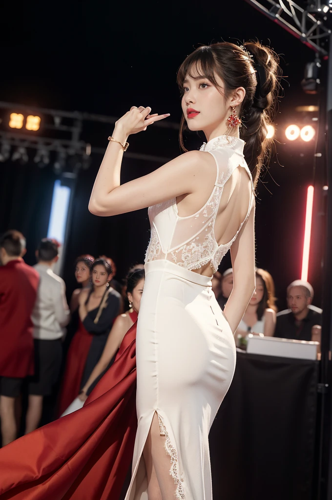 1girl,bangs,bare arms,collar,lace,see through,maxi white cheongsam,detailed background,detailed eyes,brown hair,earrings,upper body,jewelry,slim,flat chest,ponytail,headdress,looking at viewer,makeup,night scene,red lips,signature,laughing,solo,standing,slender legs,pantyhose,high heels,On the T-stage,catwalk,fashion show,Surrounded by crowded crowds on both sides of the stage,neon lights,from front