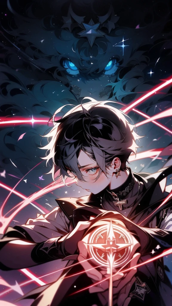 A solitary sorcerer in the midst of an abstract action sequence, viewed from the waist up, ((conjuring with a cross emblem)), encircled by luminous dots, dramatic ambiance, crisp detail, abasterpiece)), ((best quality)), ultra detailed,((illustration)), dynamic angle, detailed light, (delicate eyes), (ahoge:0.8),apathy, ray,frontage,style of anime4 k, 4k anime wallpaper, badass anime 8 k, 4 k comic wallpaper