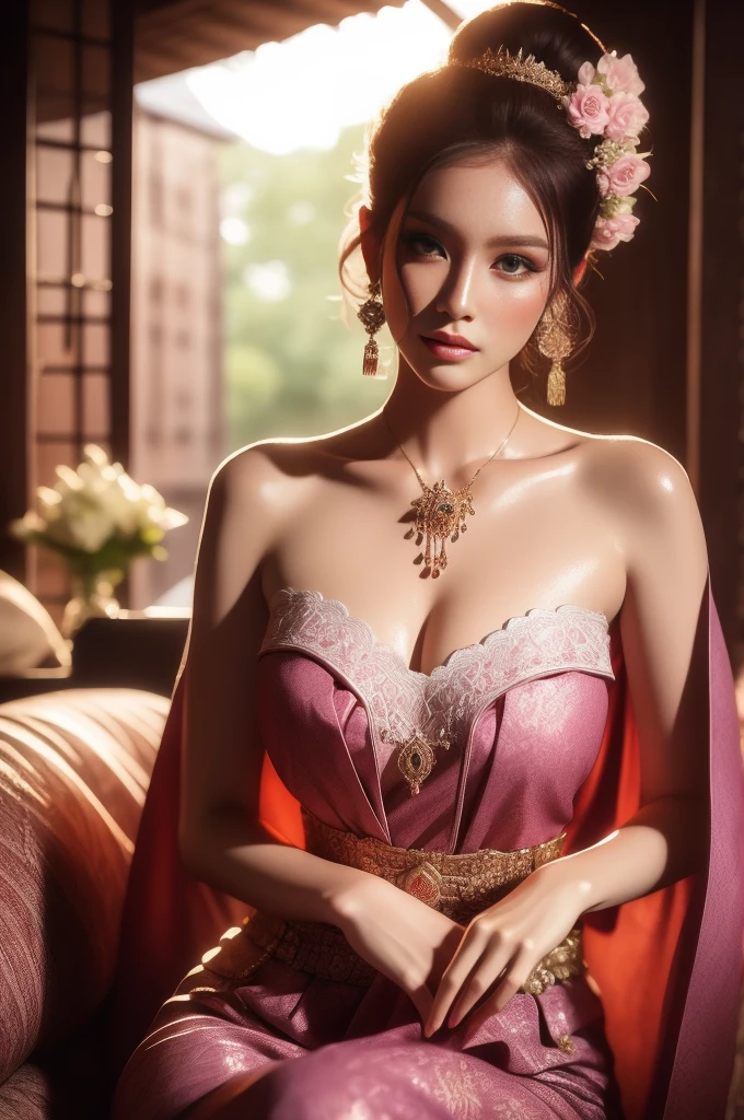 1 18 year old fashion model,Plump shape, [[[[close cleavage]]]], [[[[Big breasts]]]], [[[[Call]]]], [[[[shoulder]]]], perfect eyes, perfect iris，perfect lips，perfect teeth，Perfect beautiful skin，Long face，slender nose，Weak headlights，HDR，light pink clothes，thin red dress，Eyes on the audience,Some traditional Thai costumes，Sitting on a luxury sofa,long magenta hair，ผมยาวมีผ้าคลุมshoulder，The background is external.，Beautiful Thai house background,cool color images
